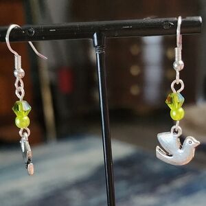 Silvertone Dove Earrings with Green Beads